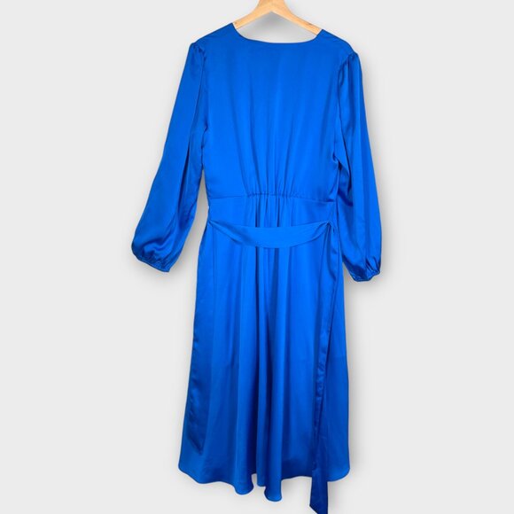 Ever New Melbourne Midi Dress Sz 10 US Satin Cobalt Blue Tie Waist - Picture 3 of 9